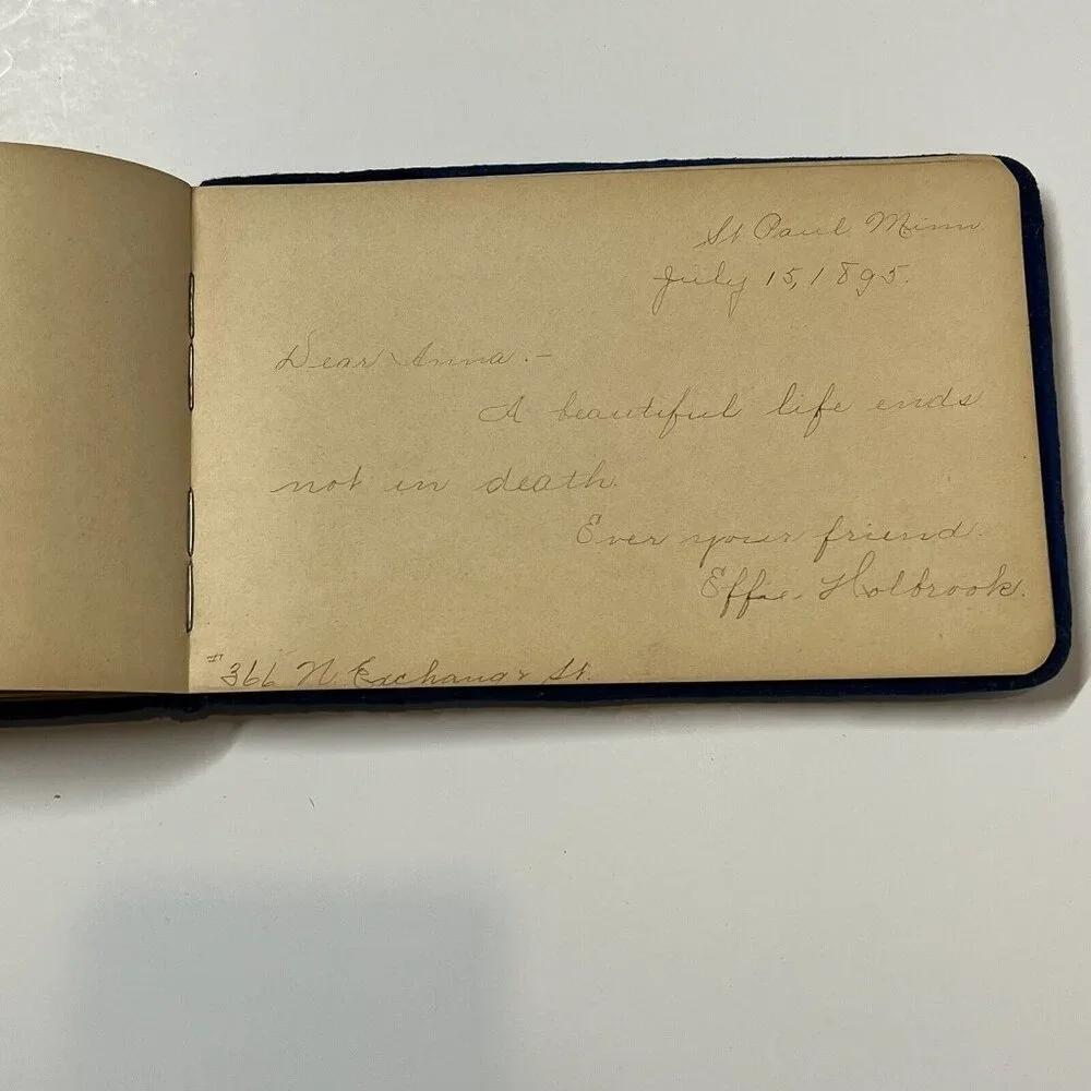 1880s Antique AUTOGRAPH ALBUM Blue Velvet Cover Anna J. Nelson Blooming Prairie